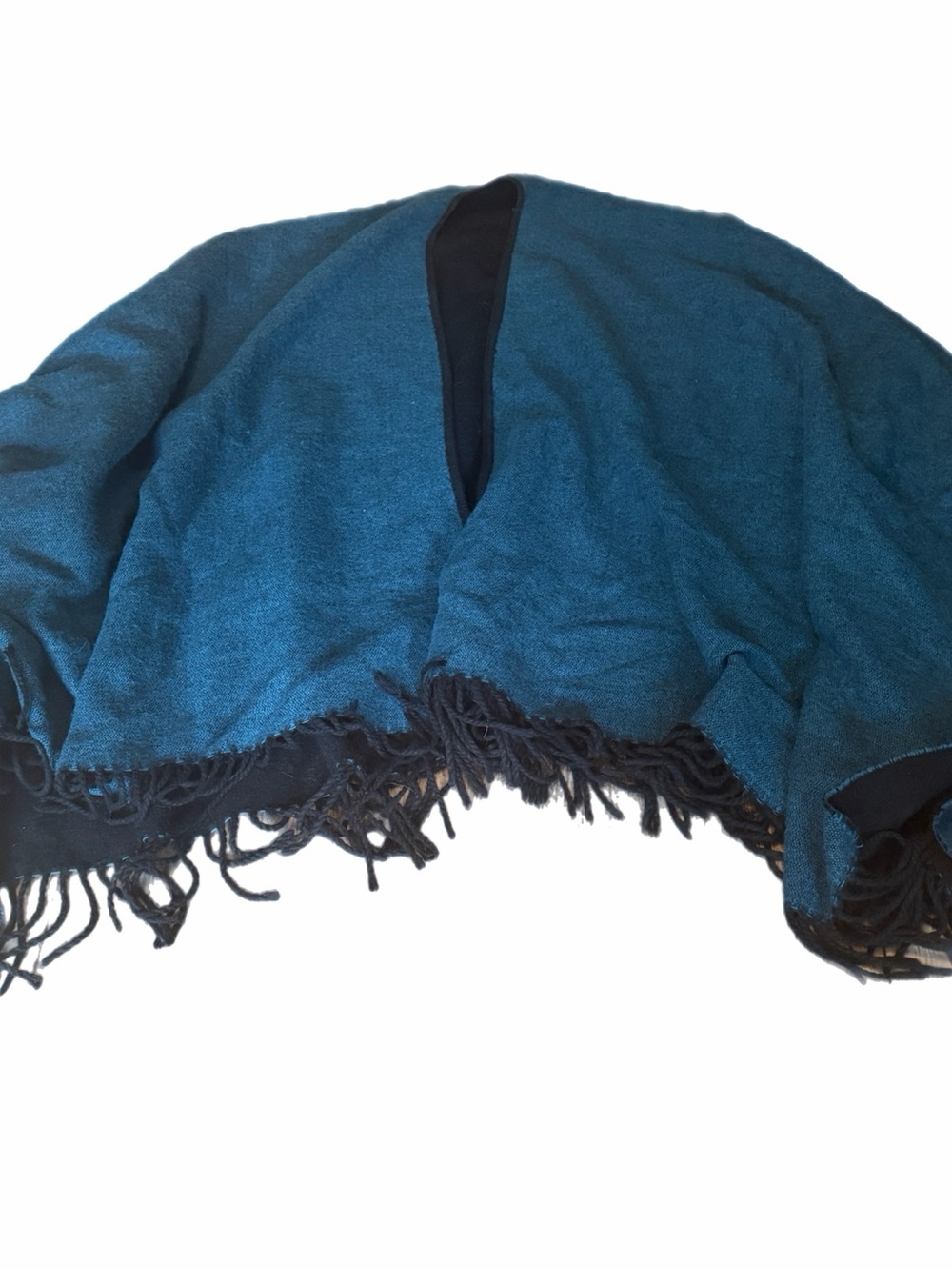 Vintage Teal Green W/Black Fringes Peruvian Alpaca Poncho Cape Coat Wrap Winter